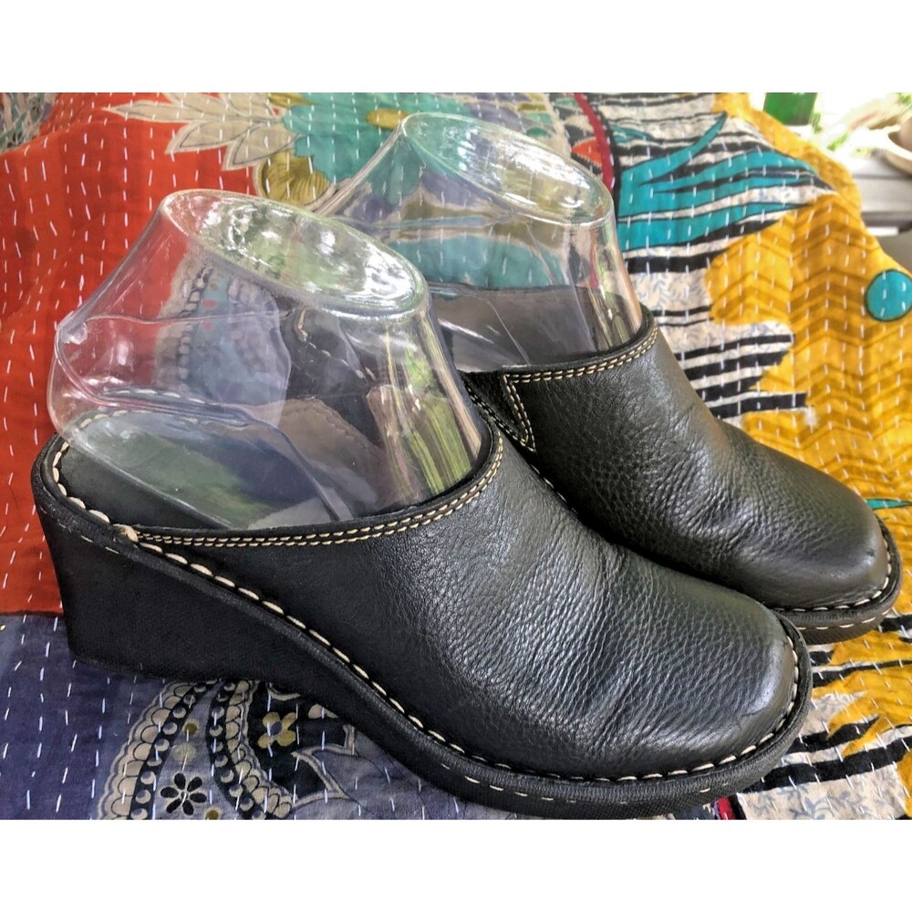 Born Black Leather Clogs Womens 7 Wedge Platform Mule Slip On Contrast Stitch Co